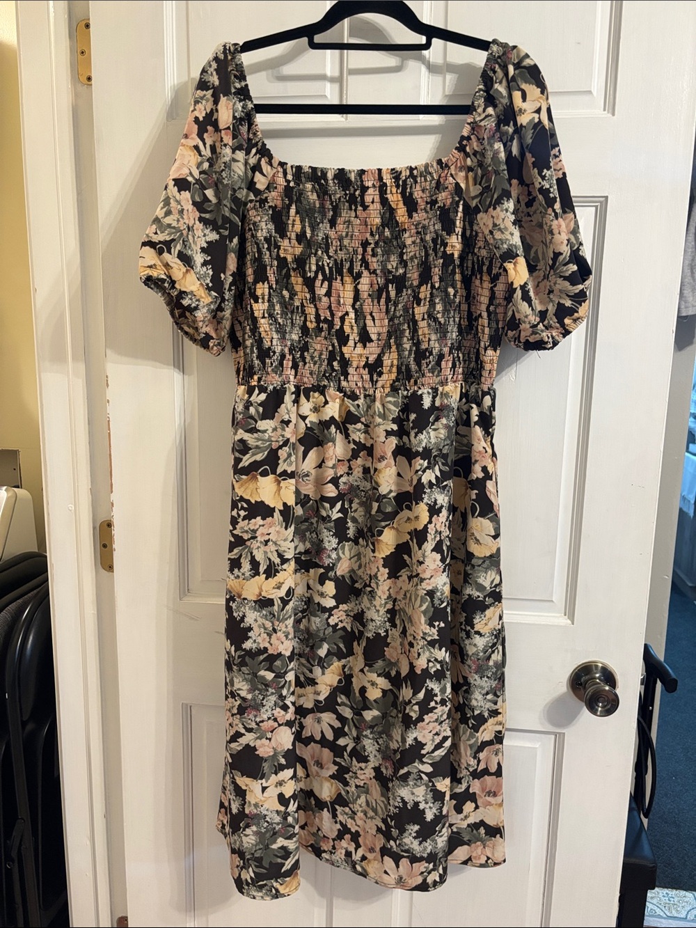Maurices Black Floral Smocked Midi Dress with Blush and Cream